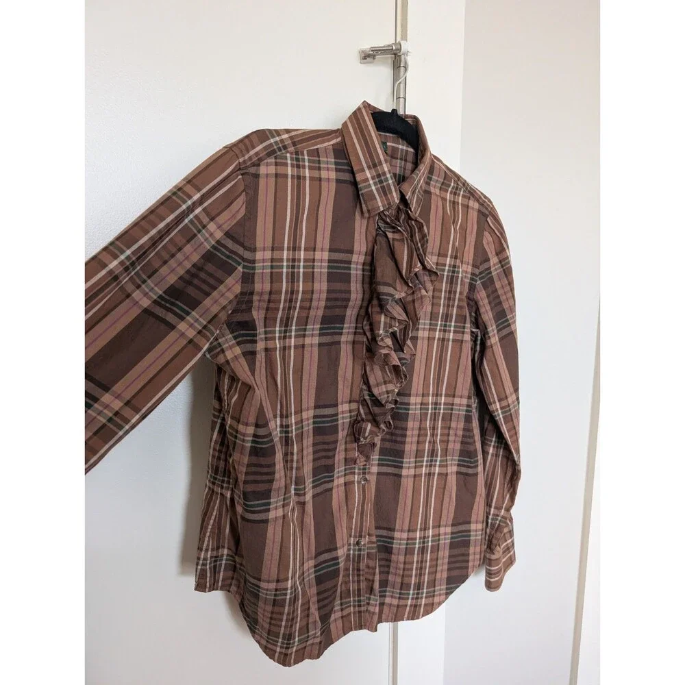 Lauren Ralph Lauren Plaid Ruffles Cotton Button Down Shirt Brown L